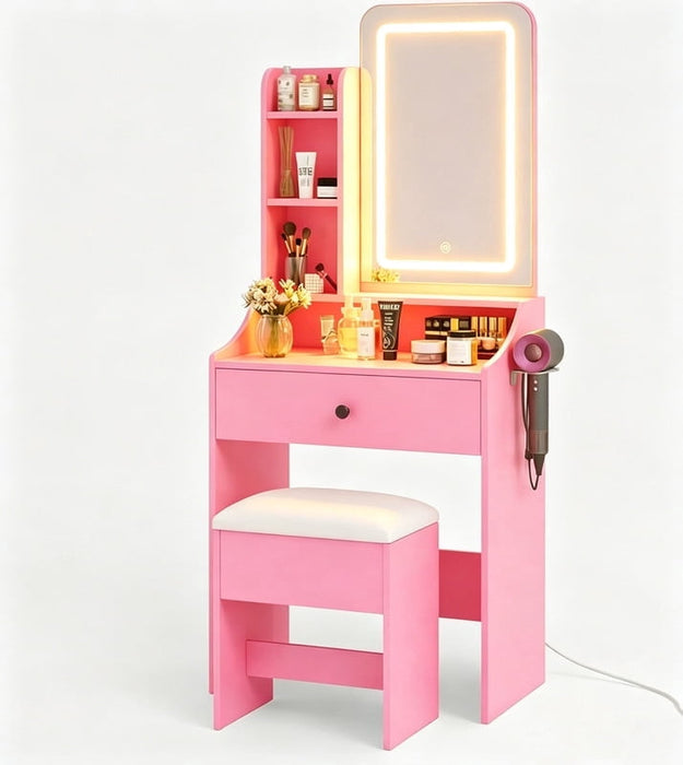 Bigleap Makeup Vanity with Lights, 3-Color LED Mirror & Power Outlet, Beauty Station with Drawers for Bedroom (Pink)