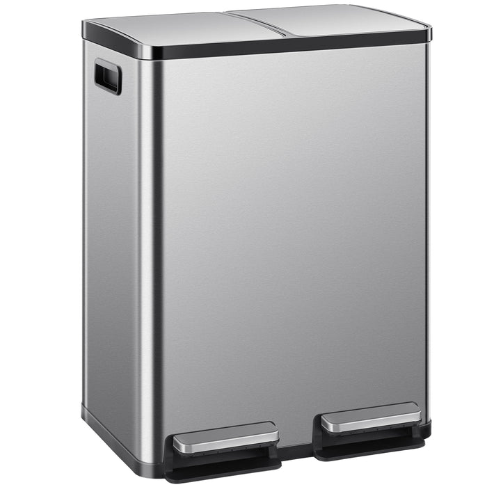 Simenmax 60L Dual Compartment Trash Can with Lid, Stainless Steel Sealed Garbage Bin, Soft-Close Pedal Operation for Kitchen, Office, Home
