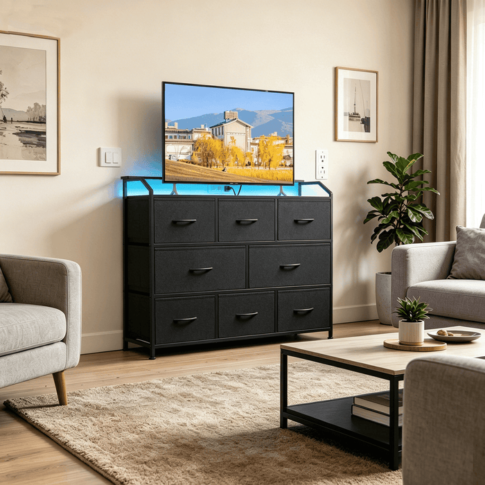 Blorly 9 Drawer TV Stand with LED Lights, Tall Dresser for Bedroom & Living Room, Entertainment Center for 45 inch TV, Organization Hub, Black