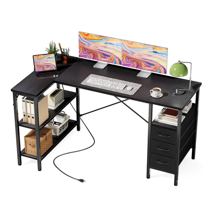 Taoset 55" L-Shaped Computer Desk with Charging Station, Industrial Corner Gaming Desk with Drawers & Side Storage Shelves, Large Dual Monitor Writing Workstation for Home Office Bedroom, Black