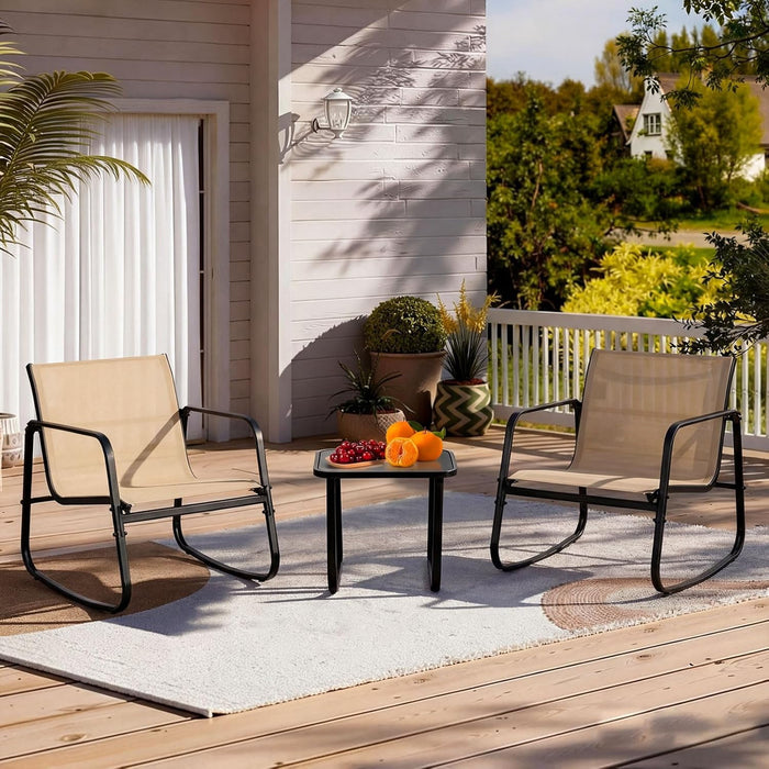 Betcozy 3-Piece Outdoor Rocking Bistro Set, Modern Patio Conversation Set with 2 Textilene Rocking Chairs and Glass Top Side Table, Anti-Rust Steel Frame Furniture for Porch, Backyard, Poolside (Brown)