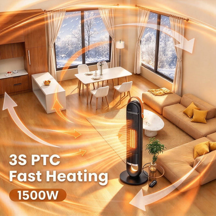 Betcozy 1500W Ceramic Tower Space Heater with 3D Flame Effect, 60° Oscillation, Remote Control, 3 Modes, 15-Hour Timer, Child Lock, Black