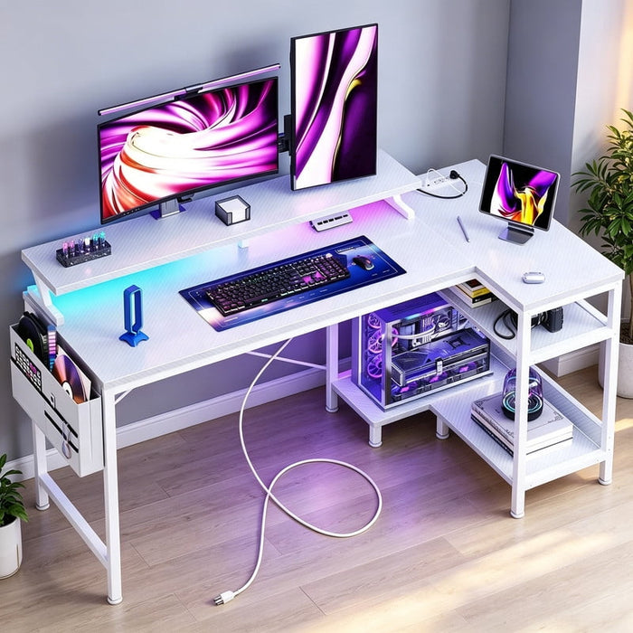 Betcozy L Shaped Gaming Desk with LED Lights and Power Outlet, 48" Corner Computer Desk with Full Monitor Stand, Small Space Home Office Workstation with Storage Shelves and Side Pocket, White