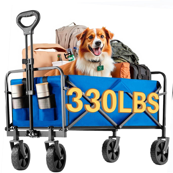 Betcozy Foldable Wagons Carts with All-Terrain Wheels, Portable Shopping Wagon Large Capacity Utility Cart with Drink Holders, Heavy Duty Collapsible for Sand, Beach, 35 inch, Blue