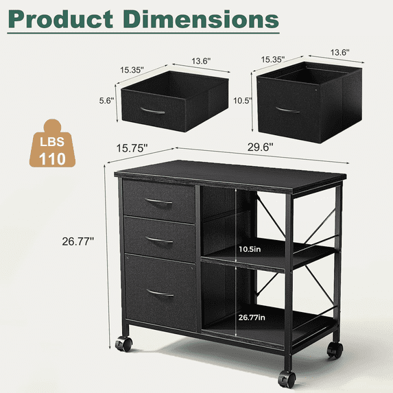 Aidoly Mobile Workstation with Storage Drawers - Locking Rolling Cart for Printer, Office Equipment & Supplies