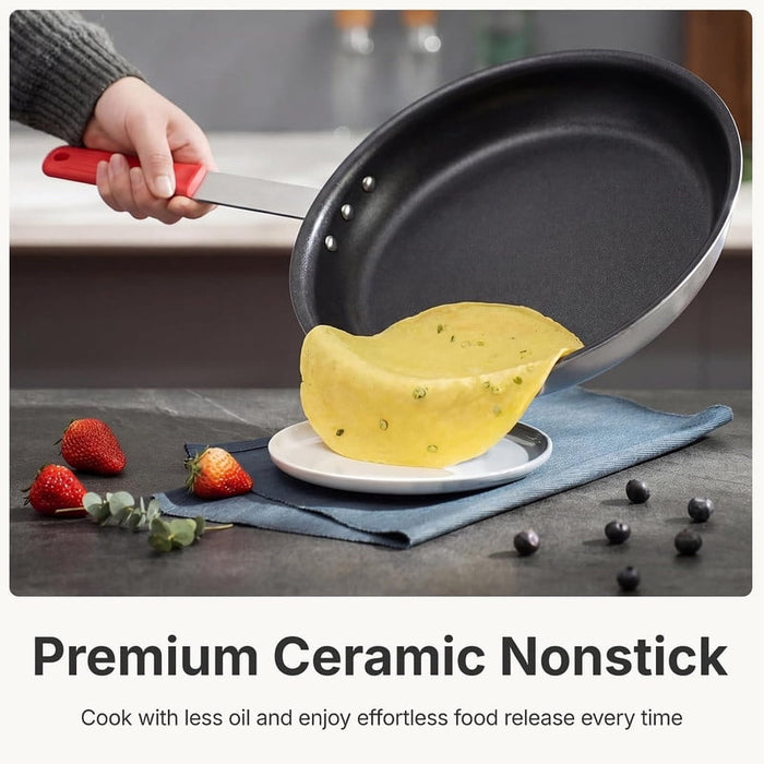 Nextay 10-Inch Ceramic Nonstick Frying Pan, Induction Compatible Skillet with Stainless Steel Base, Red