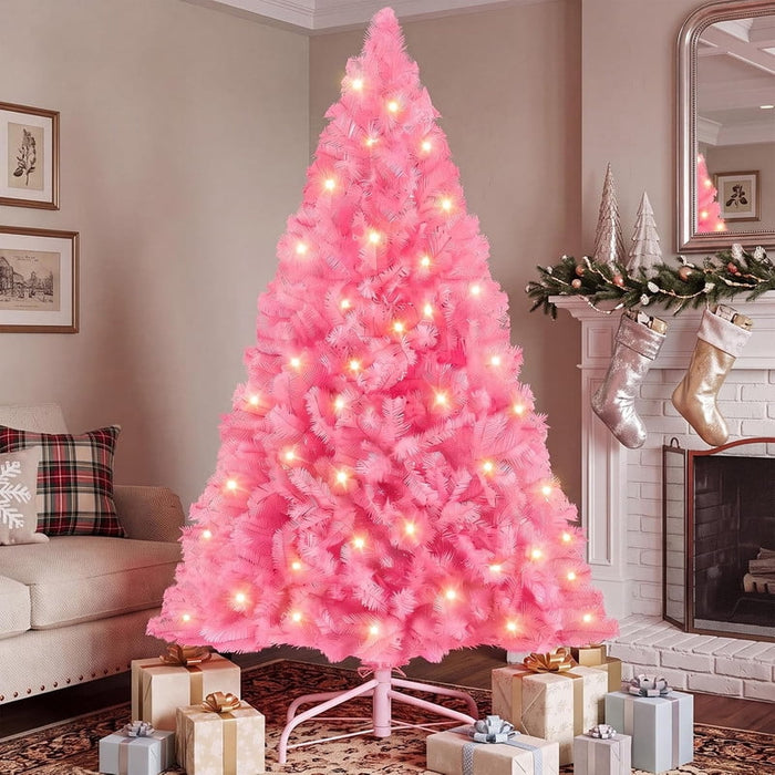 Simenmax 6 Ft Pink Pre-Lit Artificial Christmas Tree, 250 Warm White LED Lights, 700 PVC Tips, 8 Modes, Hinged Design, Metal Stand