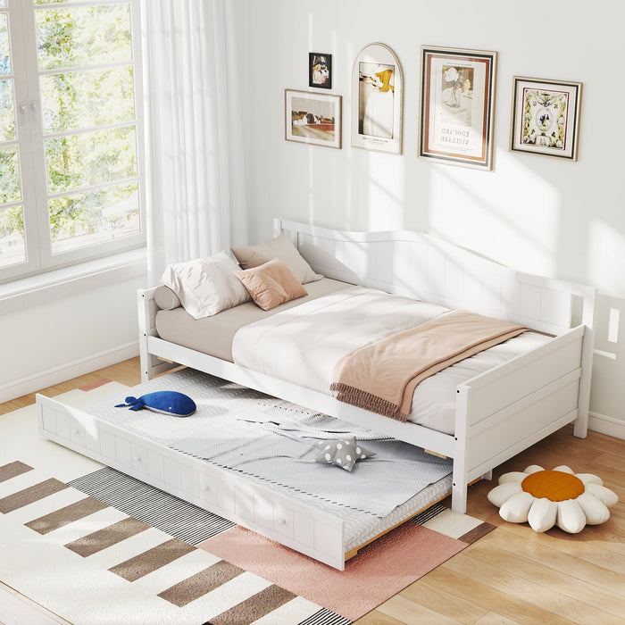 Blorly Twin Size Trundle Bed Frame, Day Bed Frame with Trundle, Sturdy Wood Headboard & Armrests, No Box Spring Needed