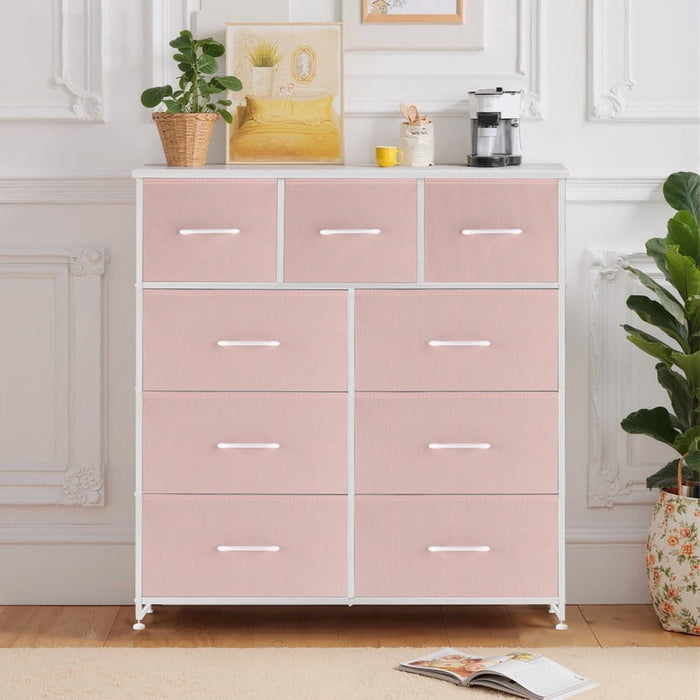 Nextay 9 Drawers Dresser for Bedroom, Fabric Dresser with Sturdy Steel Frame, Wooden Top & Easy Pull Fabric Bins,Pink