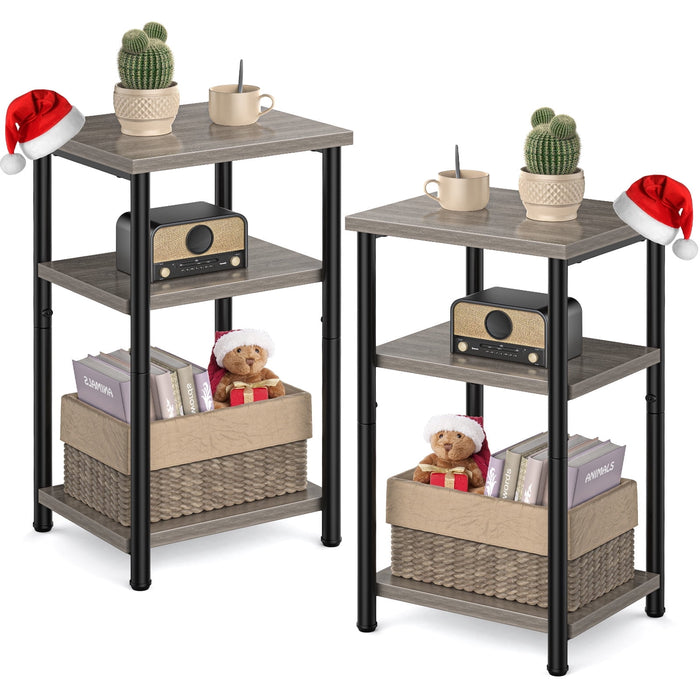 Taoset 3-Tier Slim Side Table for Living Room, Minimalist Nightstand for Bedroom, Small Space Narrow End Table with Open Storage Shelves, Set of 2, Grey Oak