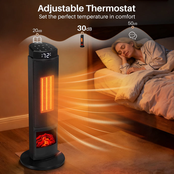 Betcozy Tower Space Heater with Flame Effect- 1500W Heating Electric Heater with 7 Light Modes, 70掳 Oscillation, Remote Control for Indoor Use (Black)