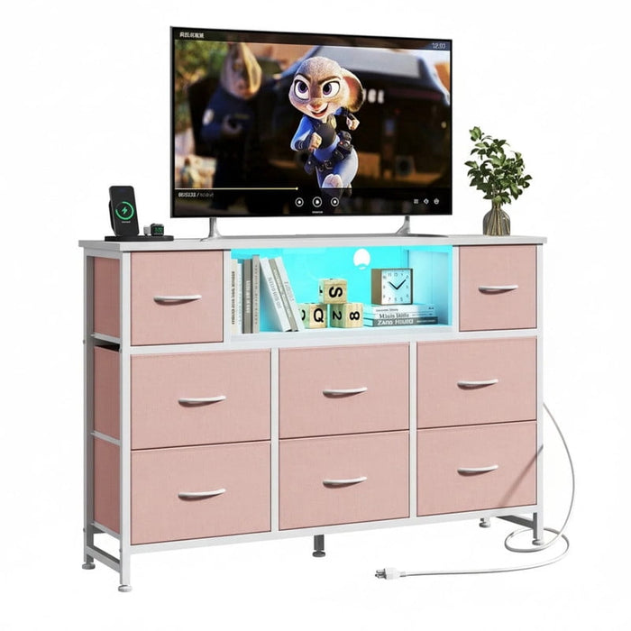 Simenmax LED TV Stand for 45-55 Inch TV, Entertainment Center with 8 Fabric Drawers & Open Shelves, Charging Station with 2 USB & 2 AC Outlets, Pink