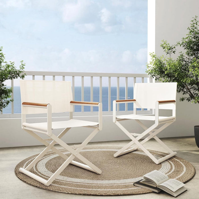 Betcozy Set of 2 Outdoor Sling Mesh Chairs, Extra-Wide Foldable Directors Chairs Sets, Woodgrain Armrests, Outdoor, Apricot