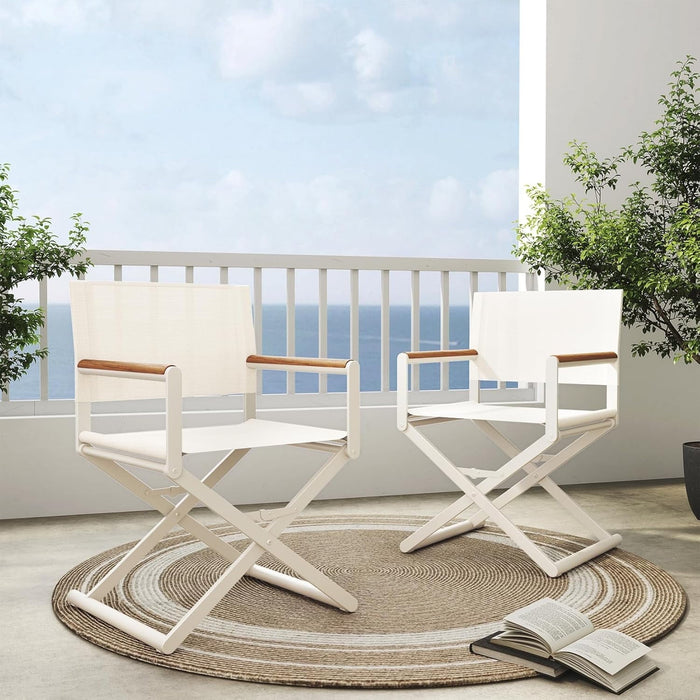 Betcozy Set of 2 Outdoor Sling Mesh Chairs, Extra-Wide Foldable Directors Chairs Sets, Woodgrain Armrests, Outdoor, Apricot