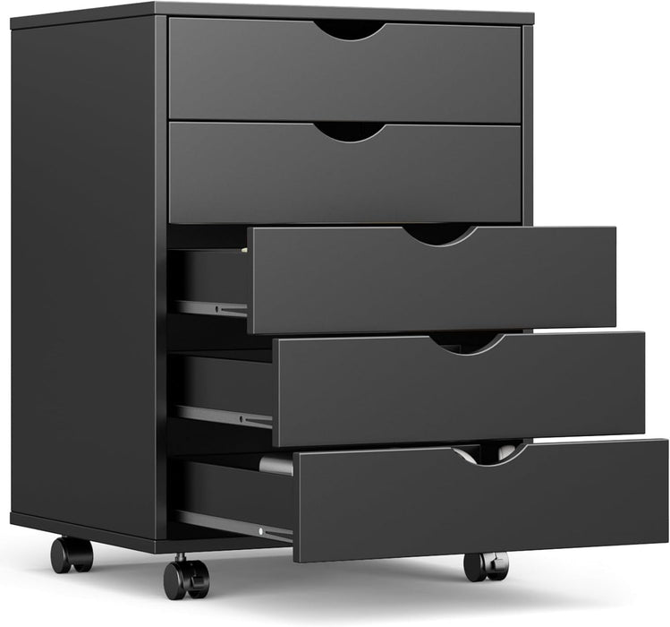 Nextay 5-Drawer Mobile File Cabinet with Wheels, Under Desk Wood Storage Organizer and Printer Stand for Home Office, 15.75"D x 18.74"W x 25.39"H,Black