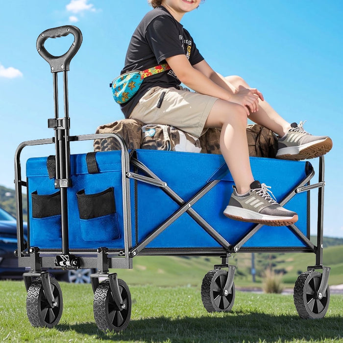 Blorly Foldable Wagon Cart, Collapsible Wagon Utility Cart with All-Terrain Wheels for Grocery Shopping, Camping, Fishing, Travel, Heavy Duty, 130L, Blue