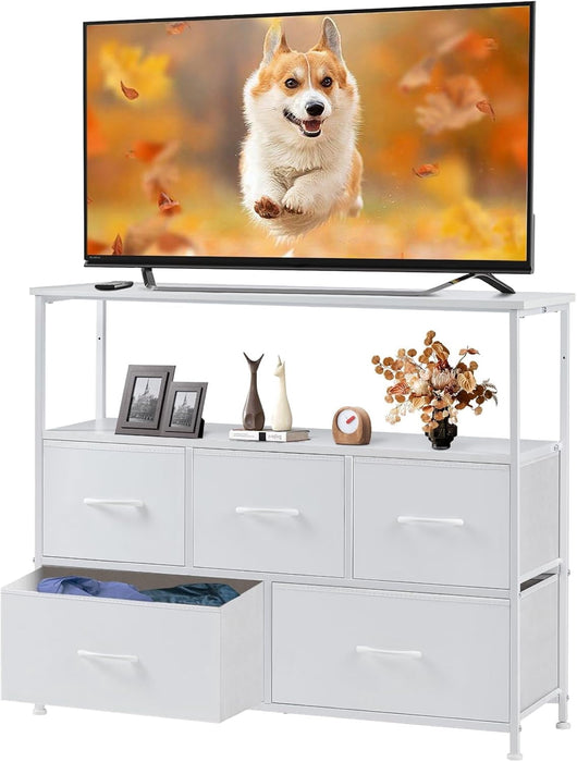 Nextay TV Stand for Bedroom, TV Dresser for 45 inches, Media Console Table, Entertainment Center with 5 Fabric Drawers Cabinet and Open Storage Shelf Furniture Cabinet for Living Room, White