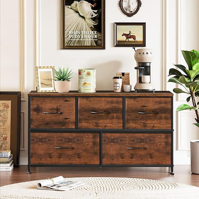 Ethovia 5-Drawer Fabric Dresser & TV Stand, Entertainment Center for 45-Inch TV with Open Shelf and Adjustable Feet, for Bedroom and Living Room, Rust