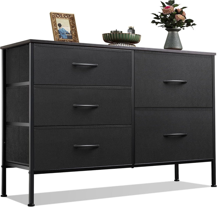 Nextay 5-Drawer Fabric Dresser, Wide Storage Organizer Dresser for Bedroom, Living Room & Closet,Black