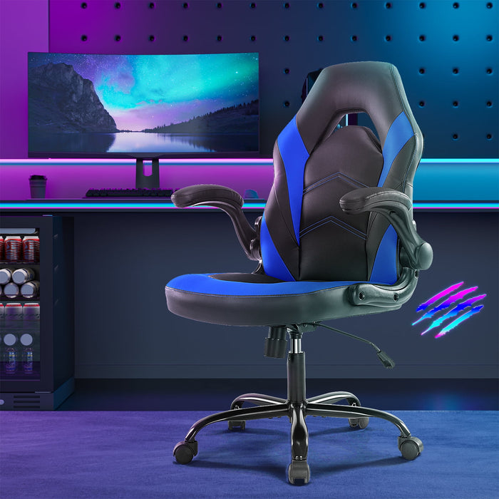 Betcozy Office Chair with Large Back, PU Leather Swivel Gaming Chair with Thicken Seats and Flip-up Armrests, Chair for Gaming, Work, Sturdy, Blue
