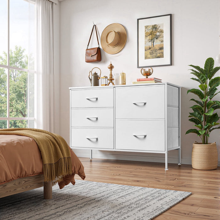 Betcozy Dresser, Storage Organizer with 5 Drawers for Bedroom, Chest of Drawers with Fabric Bins, Sturdy Metal Frame, Wood Tabletop for Guest Room, Closet, Entryway, Nursery, White