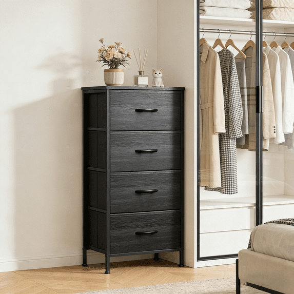 Aidoly Dresser, 4 Storage Drawers, Anti-Tip Fabric Closet Chests Organizer Tower Furniture with Wooden Top, Metal Frame