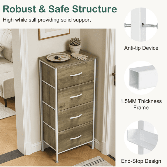 Aidoly Dresser, 4 Storage Drawers, Anti-Tip Fabric Closet Chests Organizer Tower Furniture with Wooden Top, Metal Frame