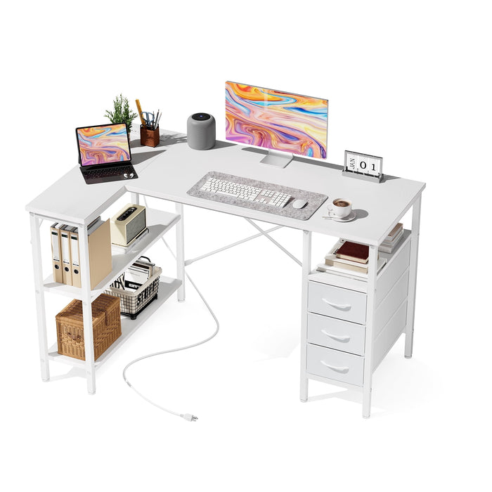 Taoset 47" L-Shaped Computer Desk with Charging Station, Industrial Corner Gaming Desk with Drawers & Side Storage Shelves, Large Dual Monitor Writing Workstation for Home Office Bedroom, White