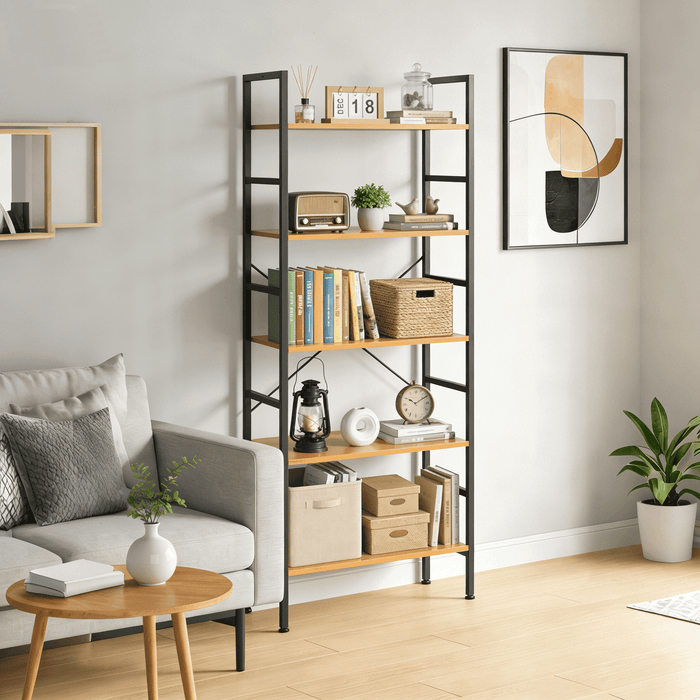 Taoset Bookshelf, 5 Tier Industrial Storage Shelf, Large Capacity Metal & Wooden Bookcase for Family, Study Room, Heavy Duty,Wood