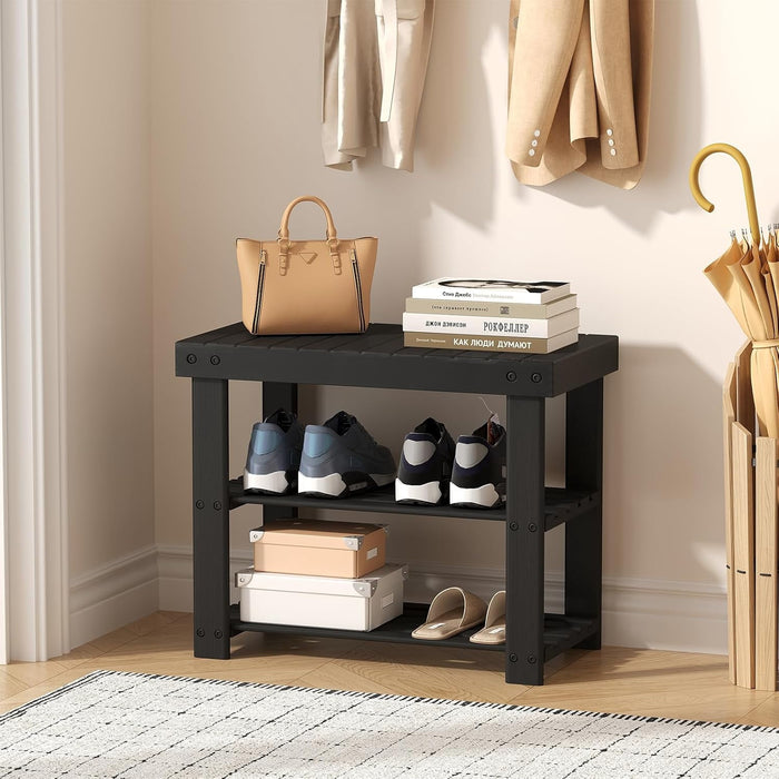 Betcozy 3-Tier Entryway Shoe Bench with Storage, Modern Minimalist Wooden Shoe Rack Organizer, Heavy Duty Seating Bench & Utility Shelf for Hallway, Living Room, Bedroom (19", Black