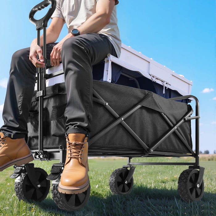 Blorly Foldable Wagon Cart, Collapsible Wagon Utility Cart with All-Terrain Wheels for Grocery Shopping, Camping, Fishing, Travel, Heavy Duty, 150L, Black