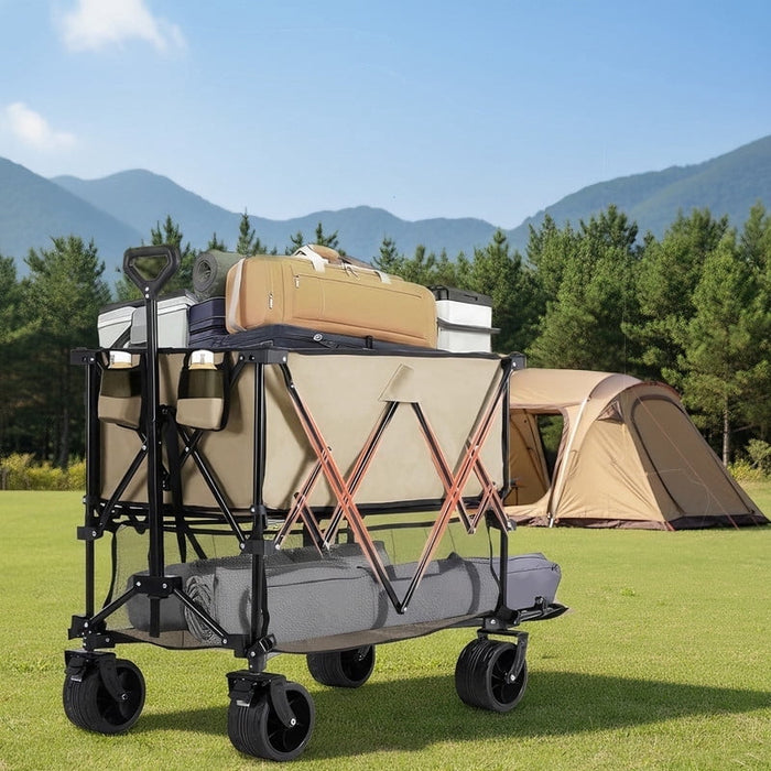 Betcozy Double Decker Folding Wagon, 320L Large 2-Tier Utility Cart with 440lbs Capacity, Collapsible Wagon with Lower Shelf for Fishing & Outdoor Gear, Brown