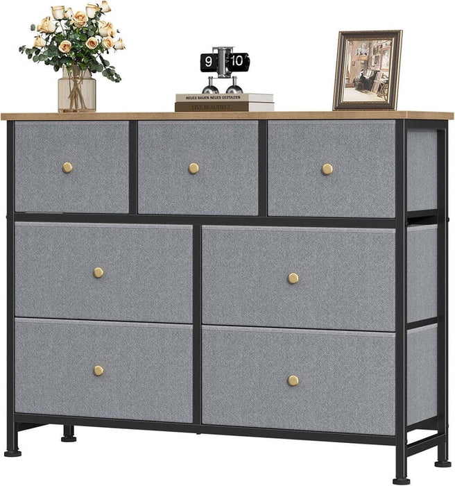 Simenmax 7 Drawer Dresser for Bedroom, Fabric Storage Dresser for Bedroom, Wood and Metal Dresser TV Stand for Living Room, Entryway，Blue Gray