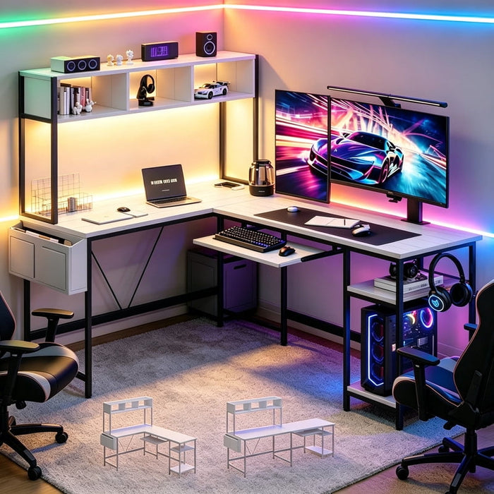 Betcozy L Shaped Desk with LED Lights, 67 Inch Reversible Corner Computer Desk with Power Outlet, Hutch, 2 Tier Storage Shelves and Headphone Hook, White