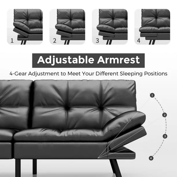 Futon Sofa Bed, Convertible Sofa Bed, Memory Foam Futon Couch, Adjustable Sleeper Sofa bed, Leather, Black