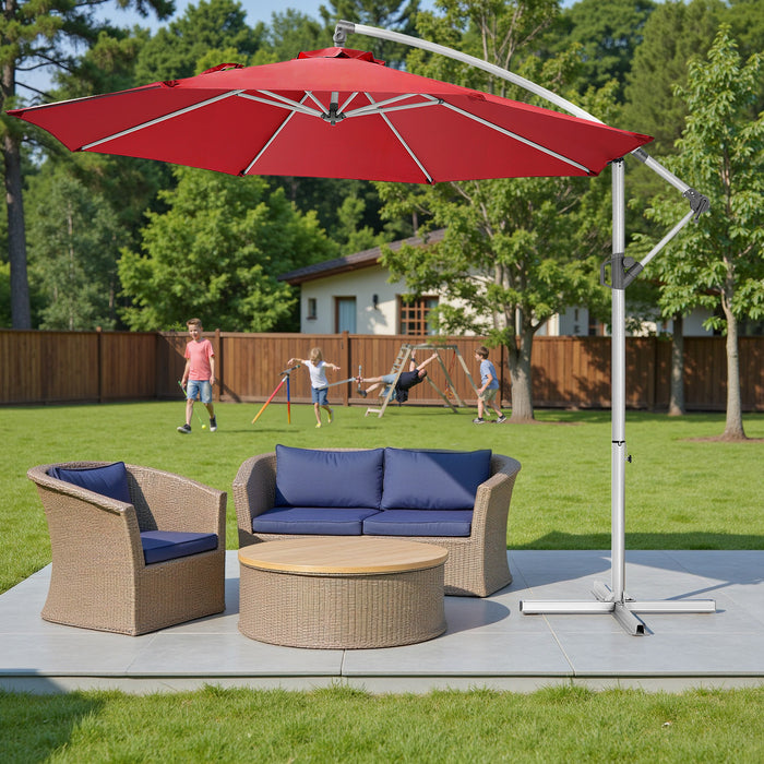 Simenmax 10FT Offset Cantilever Patio Umbrella, Outdoor Table Umbrella with 8 Sturdy Ribs, Market Table Parasol for Garden, Lawn, Backyard, Pool, Red