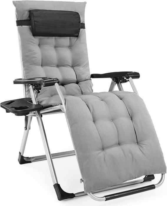 Simenmax Zero Gravity Chair, Heavy-Duty Reclining Lounge Chair with Padded Cushion & Cup Holder, Foldable Patio Recliner for Camping, Beach, and Indoor Relaxation,Gray