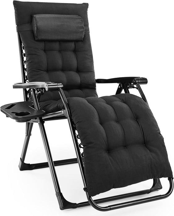 Bigleap Zero Gravity Chair, Reclining Camping Lounge Chair for Indoor, Reclining Patio Chairs with Cup Holder Trays and Removable Cushion, Folding Recliner for Outdoor, Black