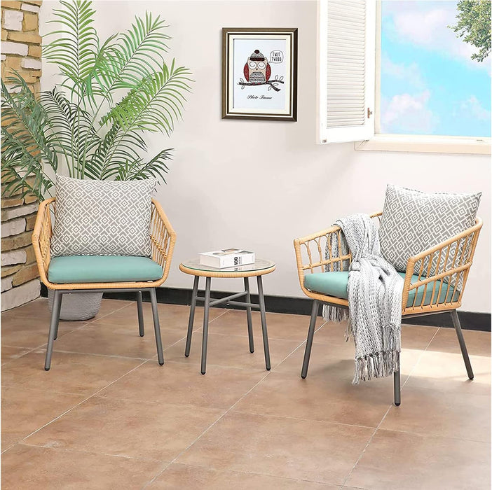TINKLE WELL 3-Piece Outdoor Patio Set, Furniture Green Wicker Bistro Chairs with Tempered Glass Coffee Table for Garden, Balcony, Poolside