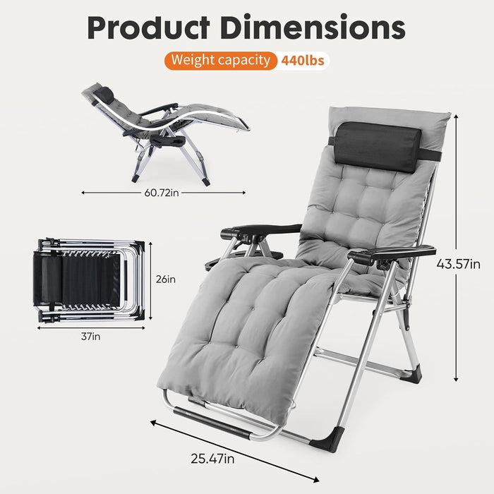 Simenmax Zero Gravity Chair, Heavy-Duty Reclining Lounge Chair with Padded Cushion & Cup Holder, Foldable Patio Recliner for Camping, Beach, and Indoor Relaxation,Gray