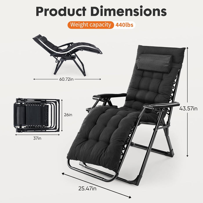 Bigleap Zero Gravity Chair, Reclining Camping Lounge Chair for Indoor, Reclining Patio Chairs with Cup Holder Trays and Removable Cushion, Folding Recliner for Outdoor, Black