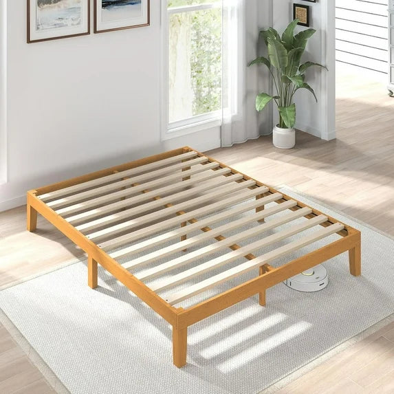 Sybels 12" Full Size Wood Bed Frame, Natural Pine Platform with Slat Support, No Box Spring Required