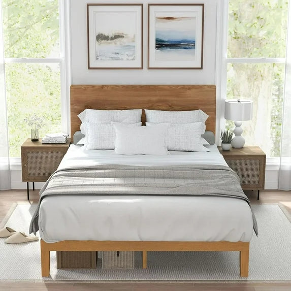 Sybels 12" King Size Wood Bed Frame, Natural Pine Platform with Slat Support, No Box Spring Required