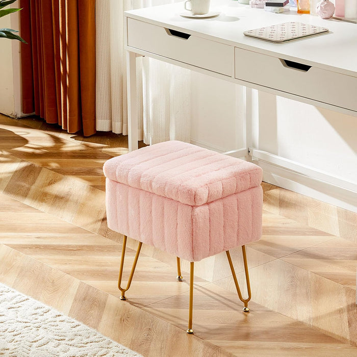 Sybels Storage Vanity Stool with Plush Faux Fur, Adjustable Anti-Slip Makeup Ottoman Bench，Pink