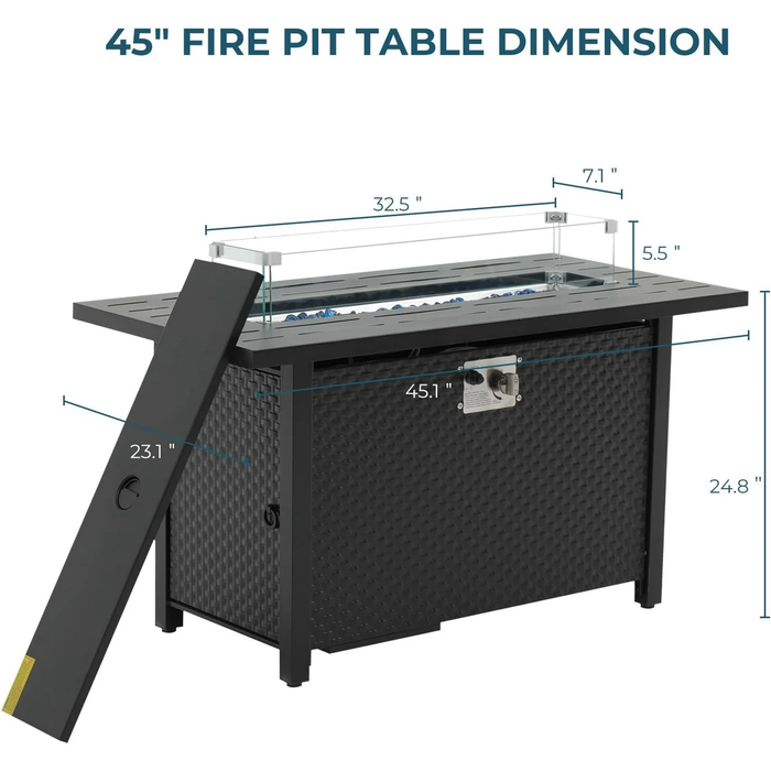 Dozzle 45" Square Propane Fire Table | 50,000 BTU High-Output Patio Heater with Tempered Glass Wind Guard & Sapphire Fire Glass, Durable Steel Tabletop & Weatherproof Cover for Patio, Deck