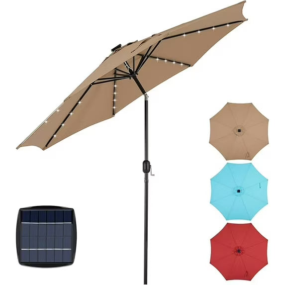 Sybels 10FT Outdoor LED Patio Umbrella, Push Button Tilt & Easy Crank for Pool, Beach, Restaurant, Khaki