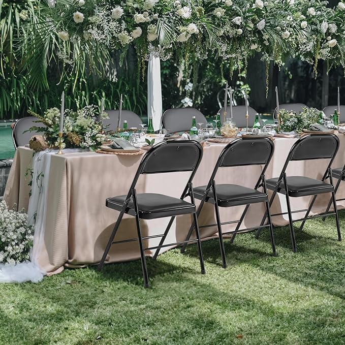 Sybels Folding Chairs Padded 4 Pack - Metal Indoor Outdoor Portable Foldable Chair for Party, Kitchen，Black