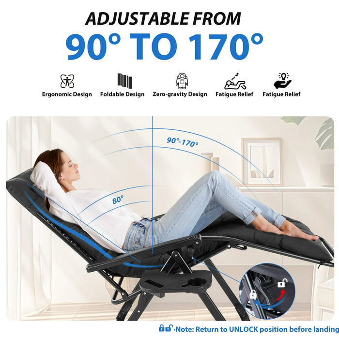 Sybels Zero Gravity Chair with Headrest & Cup Holders - Reclining Outdoor Lounge Chair, Supports 440lbs, Foldable for Backyard, Deck , Black
