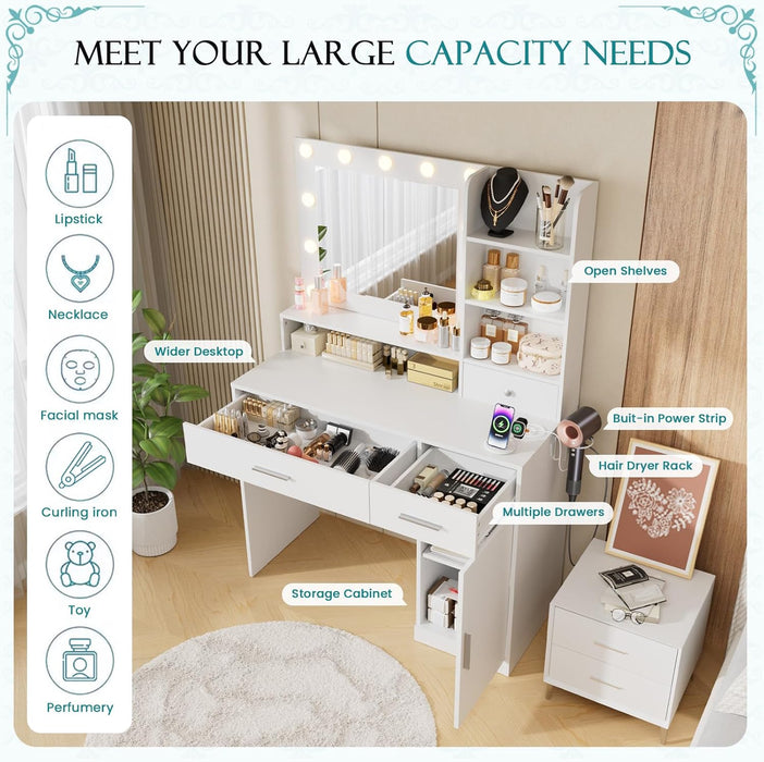 Sybels Vanity Desk with LED Mirror & Power Outlet, Makeup Dressing Table with 11 Lights, 3 Color Modes, Adjustable Brightness, 3 Drawers, Cabinet & 4 Shelves for Bedroom