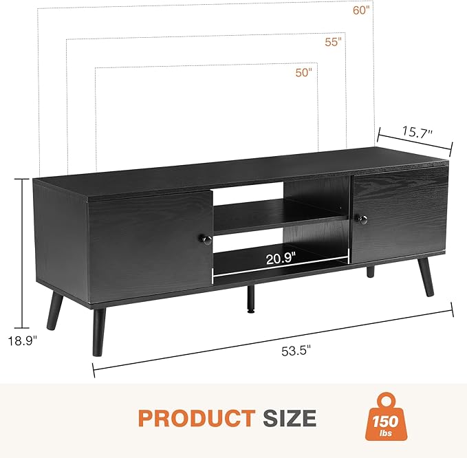 Sybels Solid Wood TV Stand for 55-60 inch TVs – Mid-Century Style Media Console with Soft-Close Cabinets, for Living Room, Office, Black
